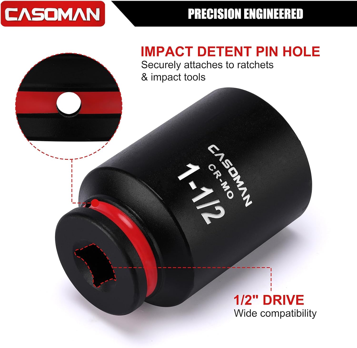 CASOMAN 1/2" Drive x 1-1/2" Deep Impact Socket, 6-Point, SAE, CR-MO