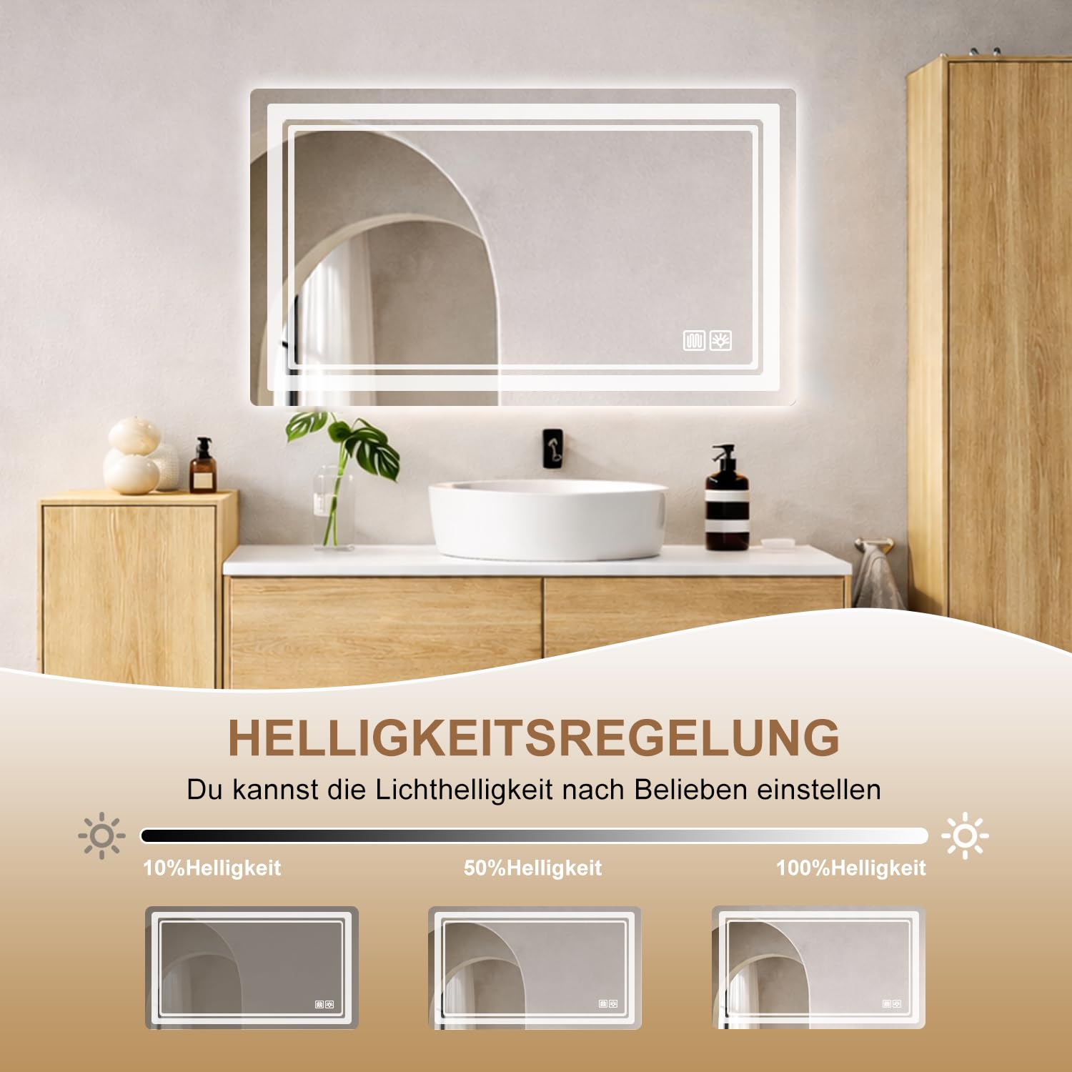 Badspiegel mit Beleuchtung 70 × 50cm, Badezimmerspiegel Beleuchtet Beschlagfrei LED Bad Spiegel mit Touch Schalter, 3 Lichtfarben Dimmbar Speicherfunktion, Badezimmer Wandspiegel IP44