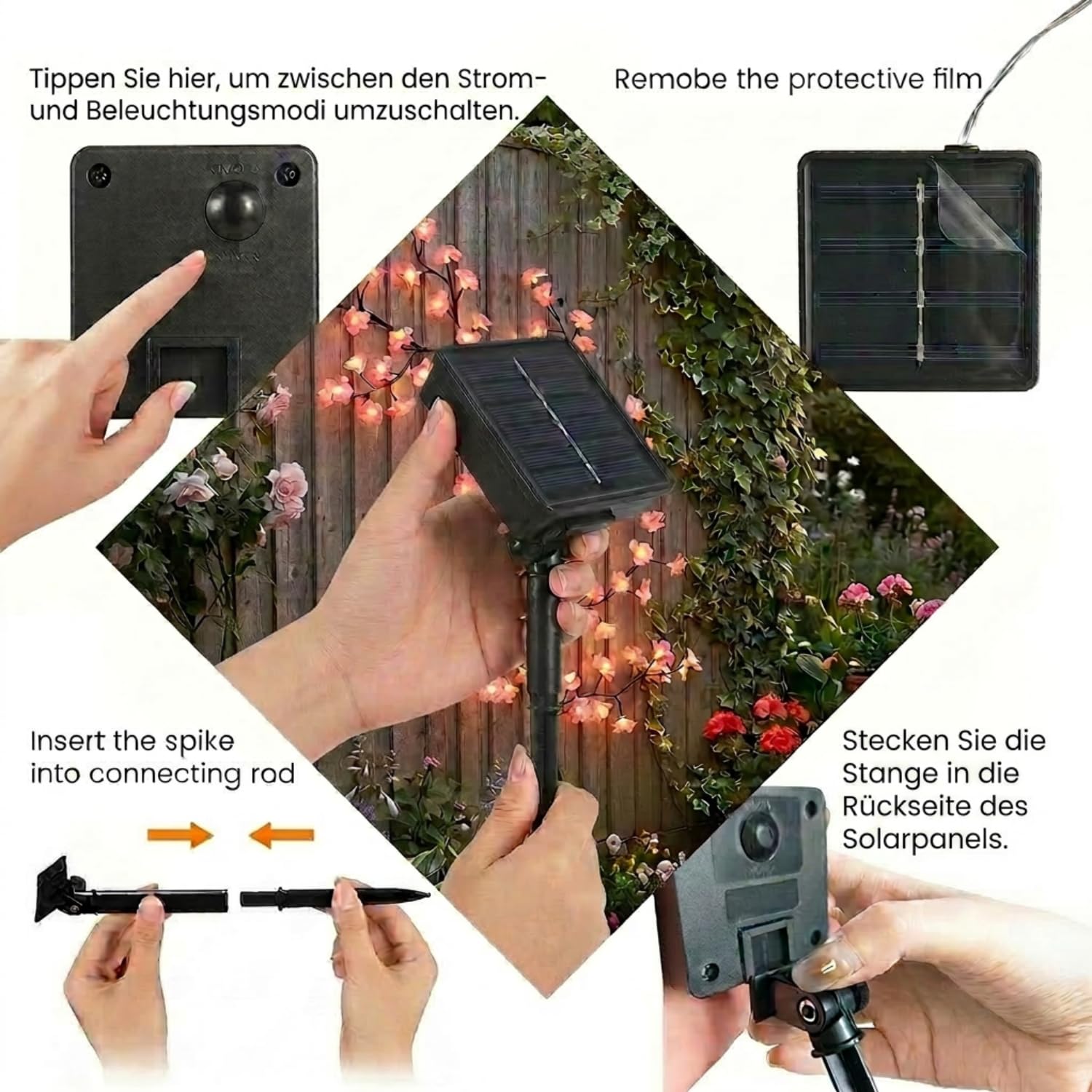 Gresonic Guirlande lumineuse solaire à LED décorative en fleurs de cerisier, Willow Vin, minuterie USB, branches de fleurs de cerisier (144 LED)