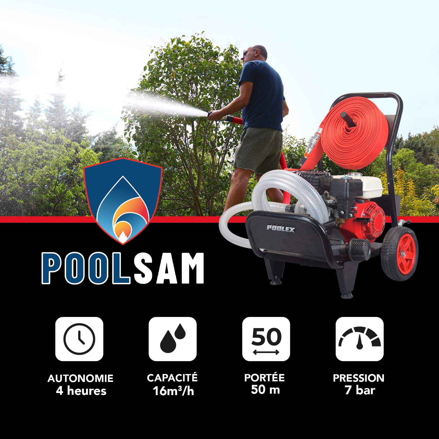 POOLEX Pool Sam - Motopompa antincendio boschivo Portata 16 m³/h - Autonomia 4 Ore - Distanza Tubo 25 m - Portata 25 m - Motore Termico 7 HP - Pressione Bar 7