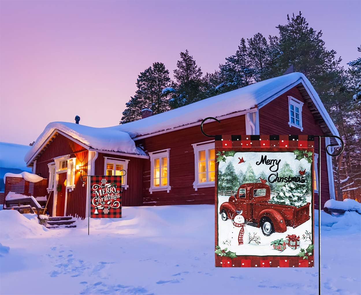 Unves 2 Pack Decorative Merry Christmas Garden Flags 12.5 x 18 Double Sided, Red Black Buffalo Paid Christmas Flag, Winter Holiday Christmas Yard Flag for Outdoor Rustic Farmhouse Porch Decorations