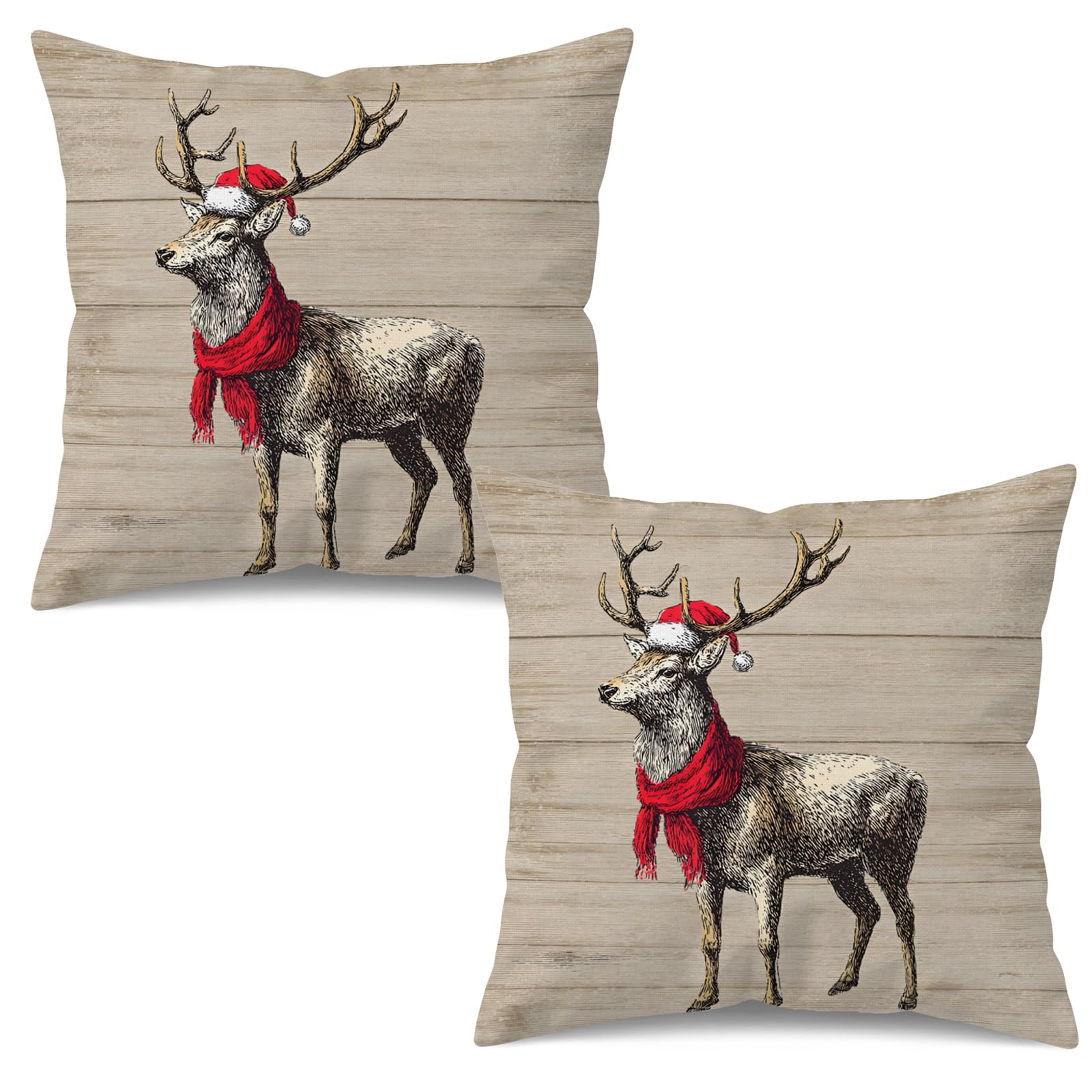 Christmas Reindeer Pillow Covers 18x18 Inch Set of 2 Winter Holiday Throw Pillow Cases Rustic Deer Elk Moose