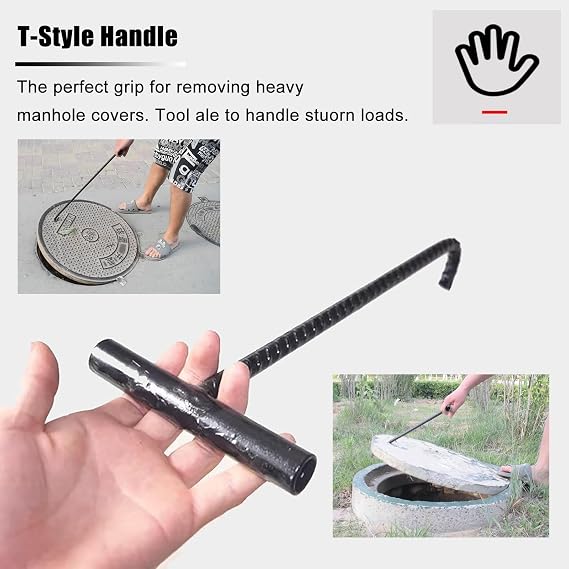 T Handle Hook for Open Manhole Cover, 10mm Thick Solid Hand Pull Hook Steel, Roller Shutter Door Hook with Small Curved Hook 40 50 60 70 80 90 cm(1cm Dia no Tip,L80cm/31.5in)