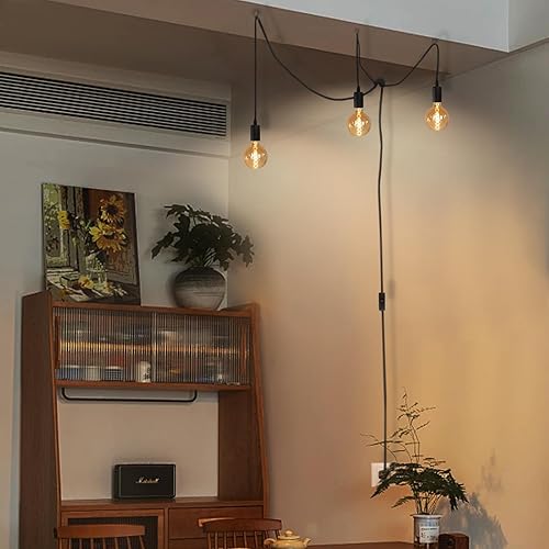 Miniatura 5 de Lámpara colgante de 3 luces enchufables, cable de luces colgantes negras de 10 pies con interruptor de encendidoapagado, E26 vintage, lámpara