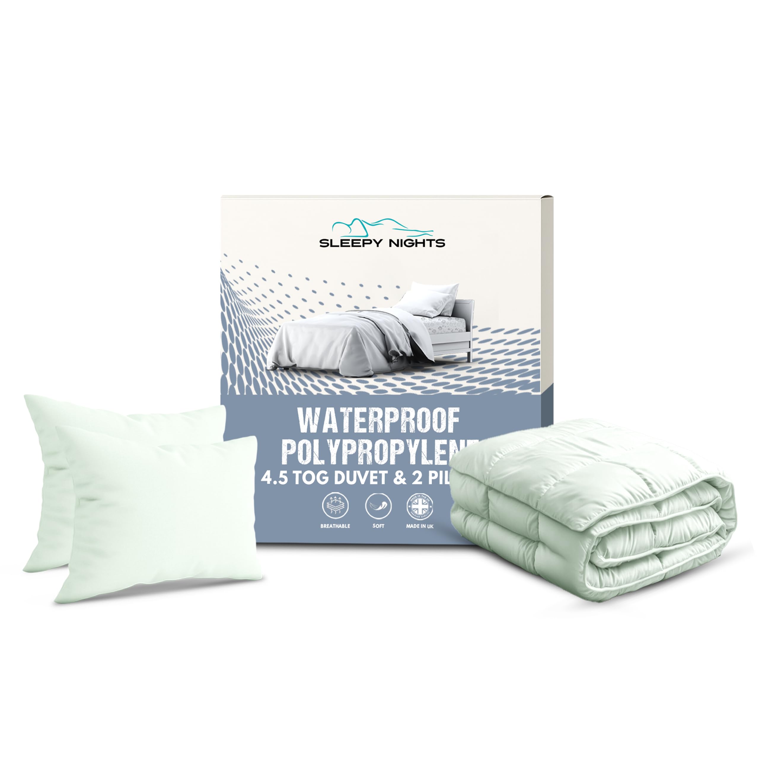 SleepyNights Waterproof Duvet And Two Pillows Bundle: Anti Allergy Wipe Clean Polypropylene Cover Hollowfibre Filled King 4.5 Tog