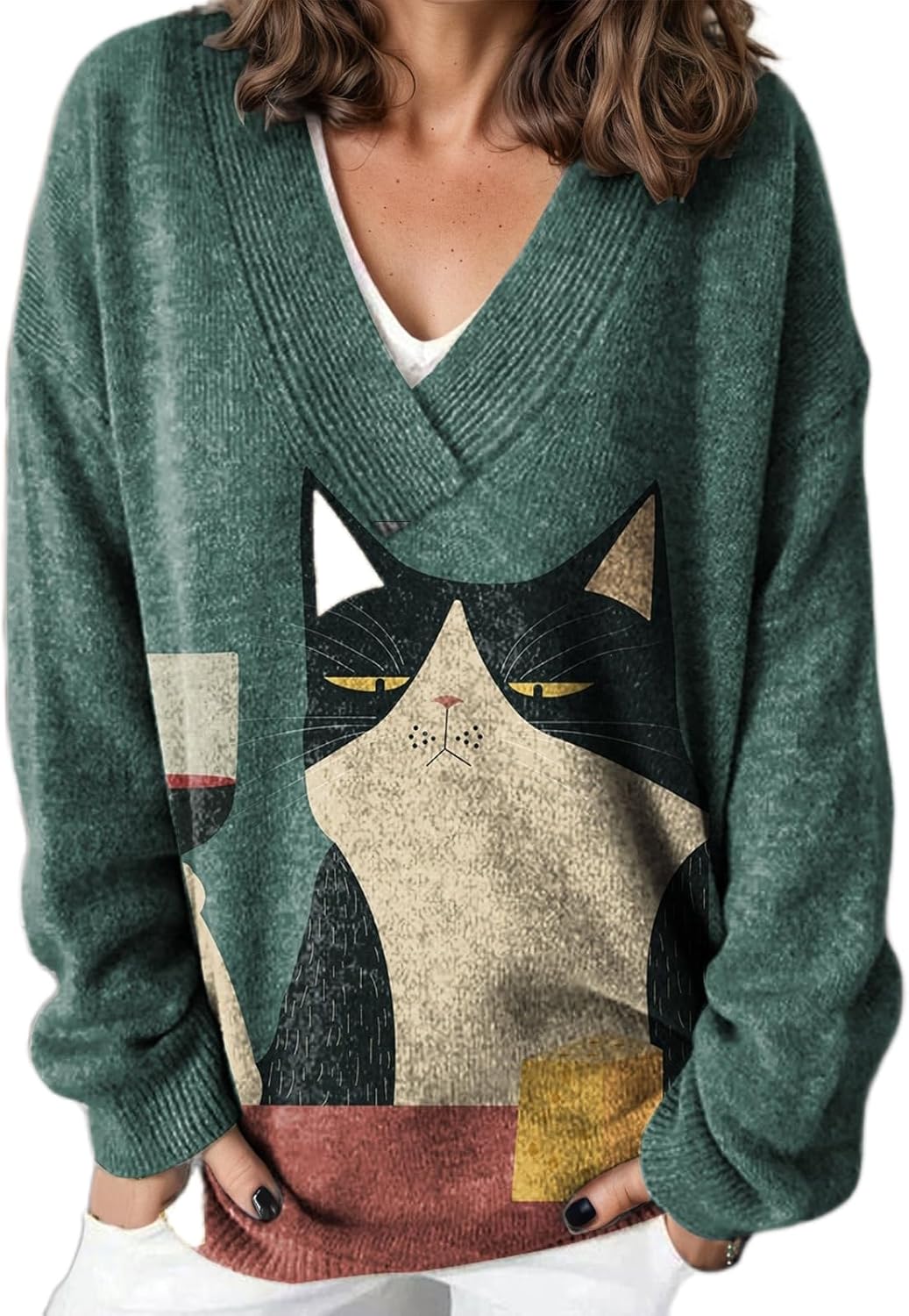 Women's Cute Graphic Printed Oversized Pullover Knit Sweater Casual Loose Fall Winter Vintage V Neck Long Sleeve Top