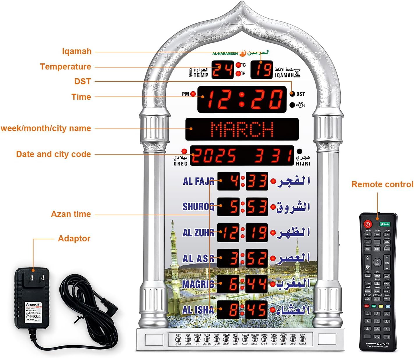 Ramadan Gift Upgraded HA-4008 Athan Clock with Azan Sound for Muslim Prayer for USA Home/Office/Decor