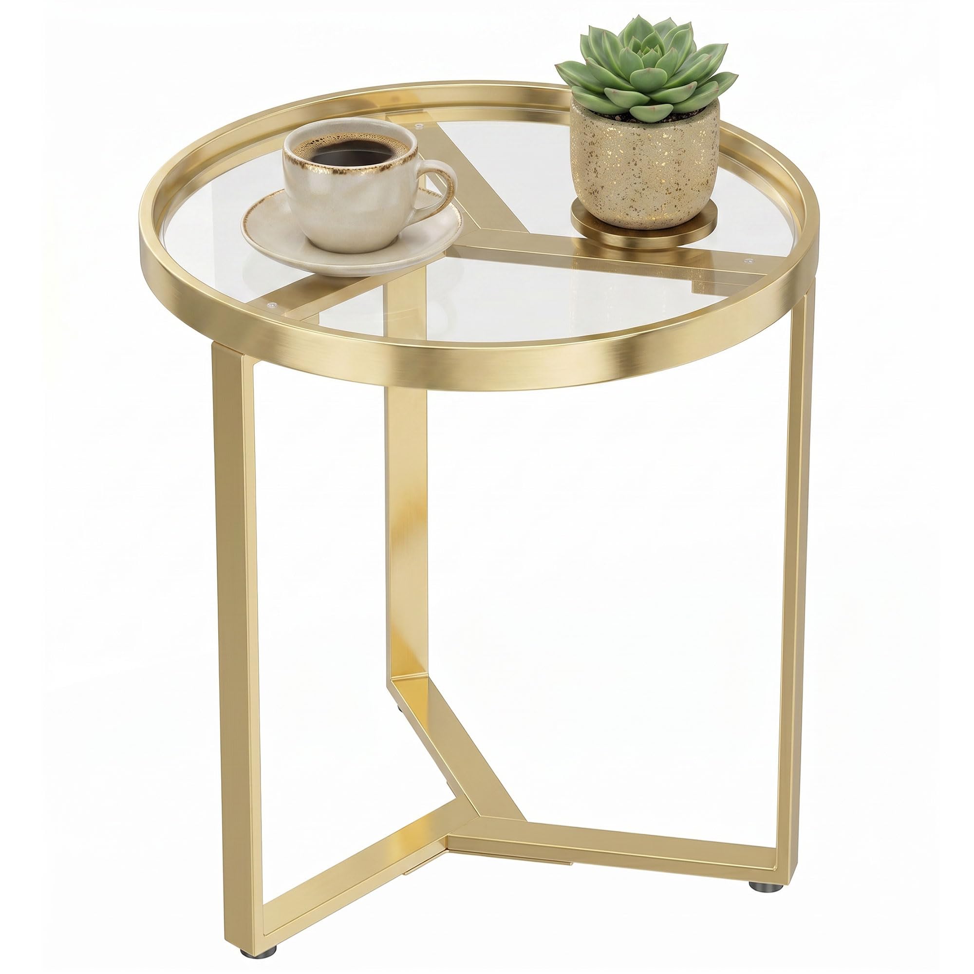 HOMCOM Round Side Table with Tempered Glass Top for Small Space Gold Tone
