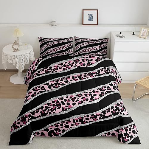 Erosebridal Juego de edredón con estampado de guepardo, juego de ropa de cama de leopardo rosa para niños, juegos de ropa de cama y colecciones de