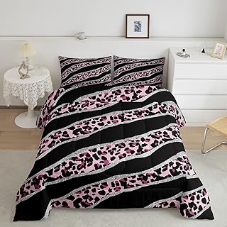 Erosebridal Cheetah Print Comforter Set Twin Pink Leopard Bedding Set for Kids, Geometric Stripes Bedding Sets & Collections Animal Theme Down Comforter, Luxury Grey Sequins Bed Sets for Girls Room