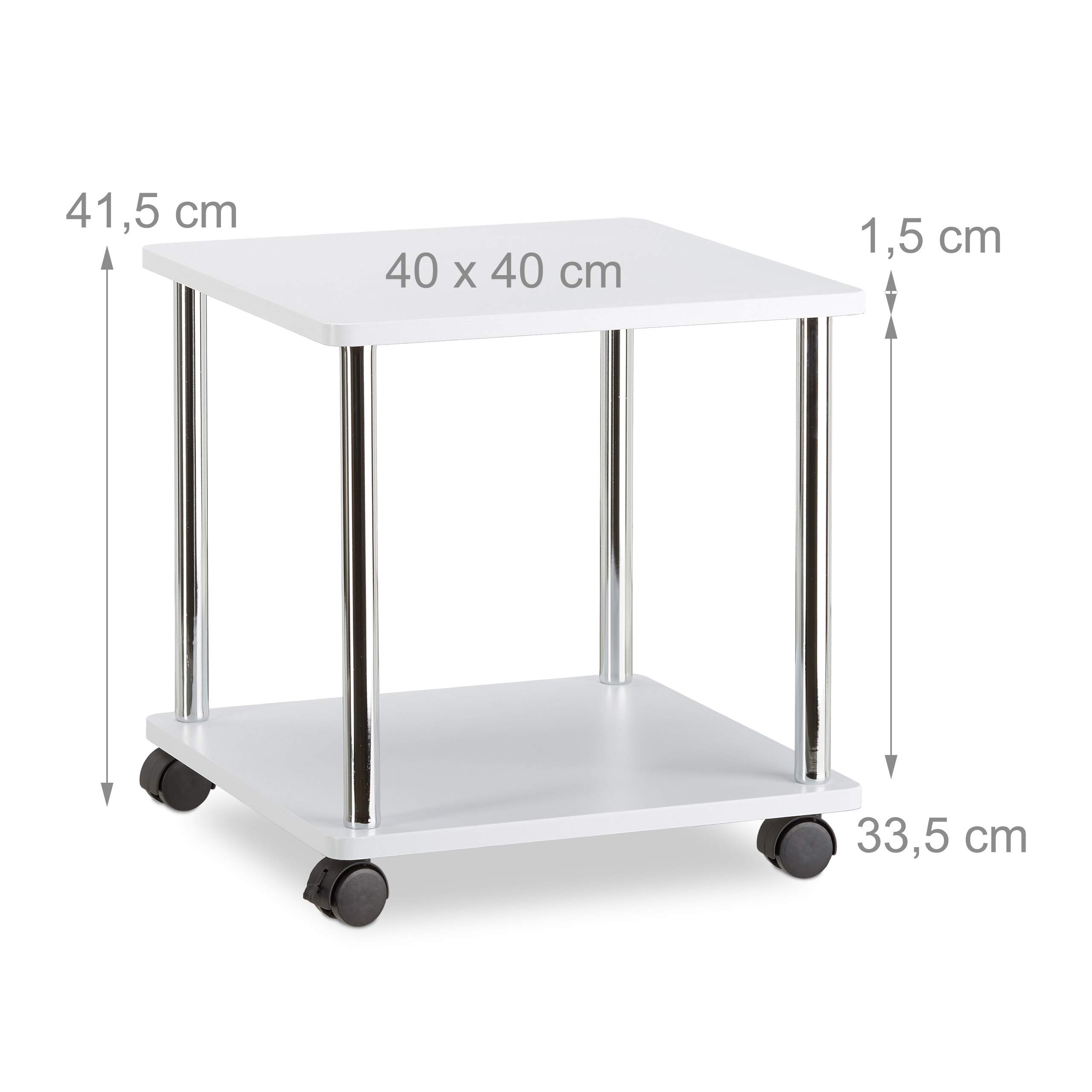Relaxdays Mesa Auxiliar Pequeña con Ruedas, Madera-Acero Inoxidable, Blanco, 41.5 x 40 x 40 cm