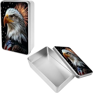 Metal Tin Box with Lids, 7x4.33x2.17 Inch Decorative Silver Large Rectangular Empty Tinplate Containers A Bald Eagle Home Organizer for Cookies, Gifts, Crafts, Car Keys & Treats Storage