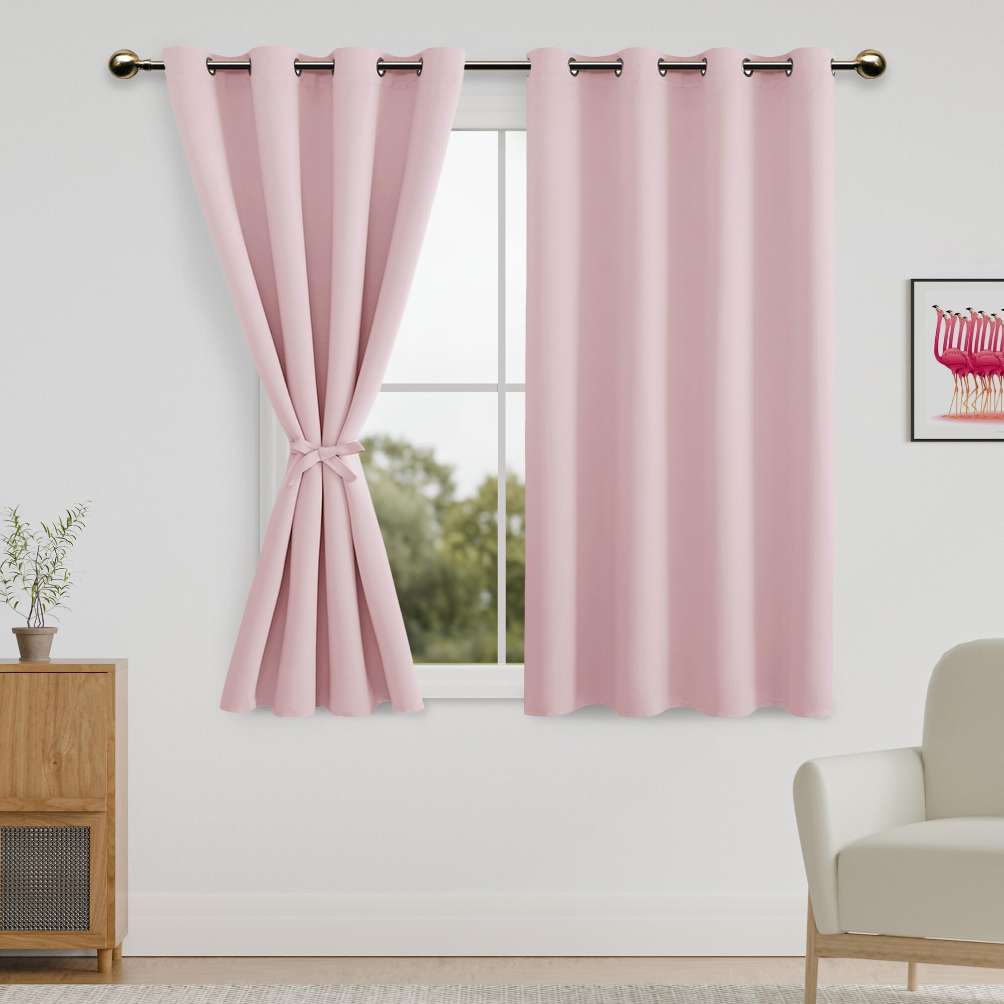 DWCN Blackout Curtains for Bedroom with Tiebacks - Room Darkening Privacy Grommet Top Window Curtains for Living Room, 52 x 45 inch Length,Blush Pink,Set of 2 Panels — image 1