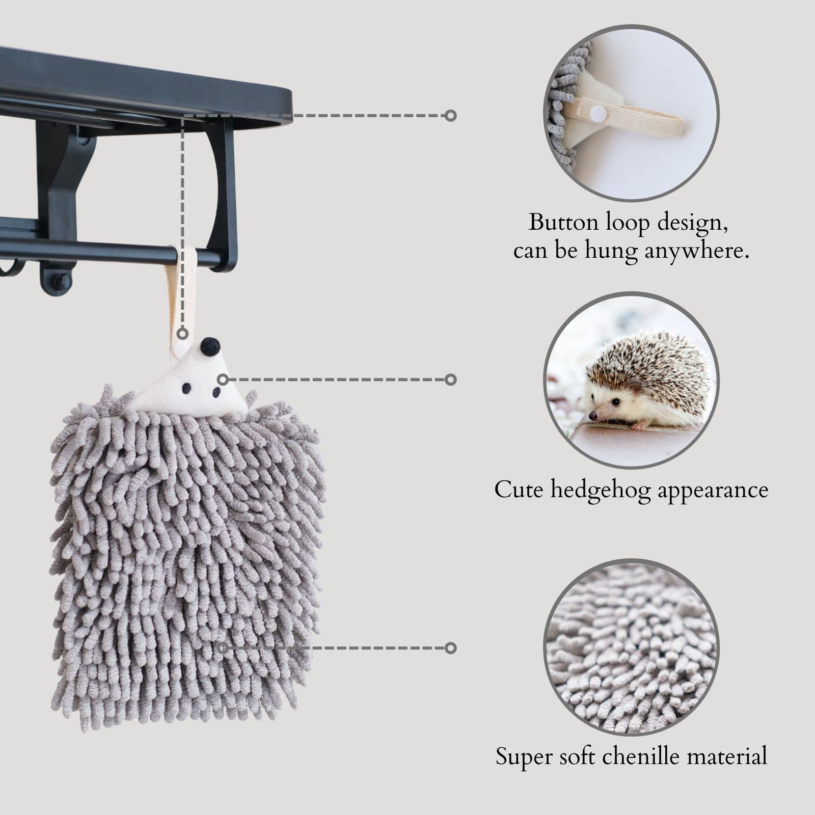 Serviette De Bain Hérisson Mignon - Tissu Chenille Doux - Boucle Pour Suspension - Absorbante Et Décorative