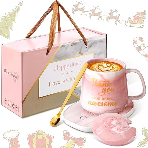 Nitial Regalos de agradecimiento para empleados, regalos de agradecimiento, calentador de café con juego de tazas para mujeres, taza de mármol rosa,
