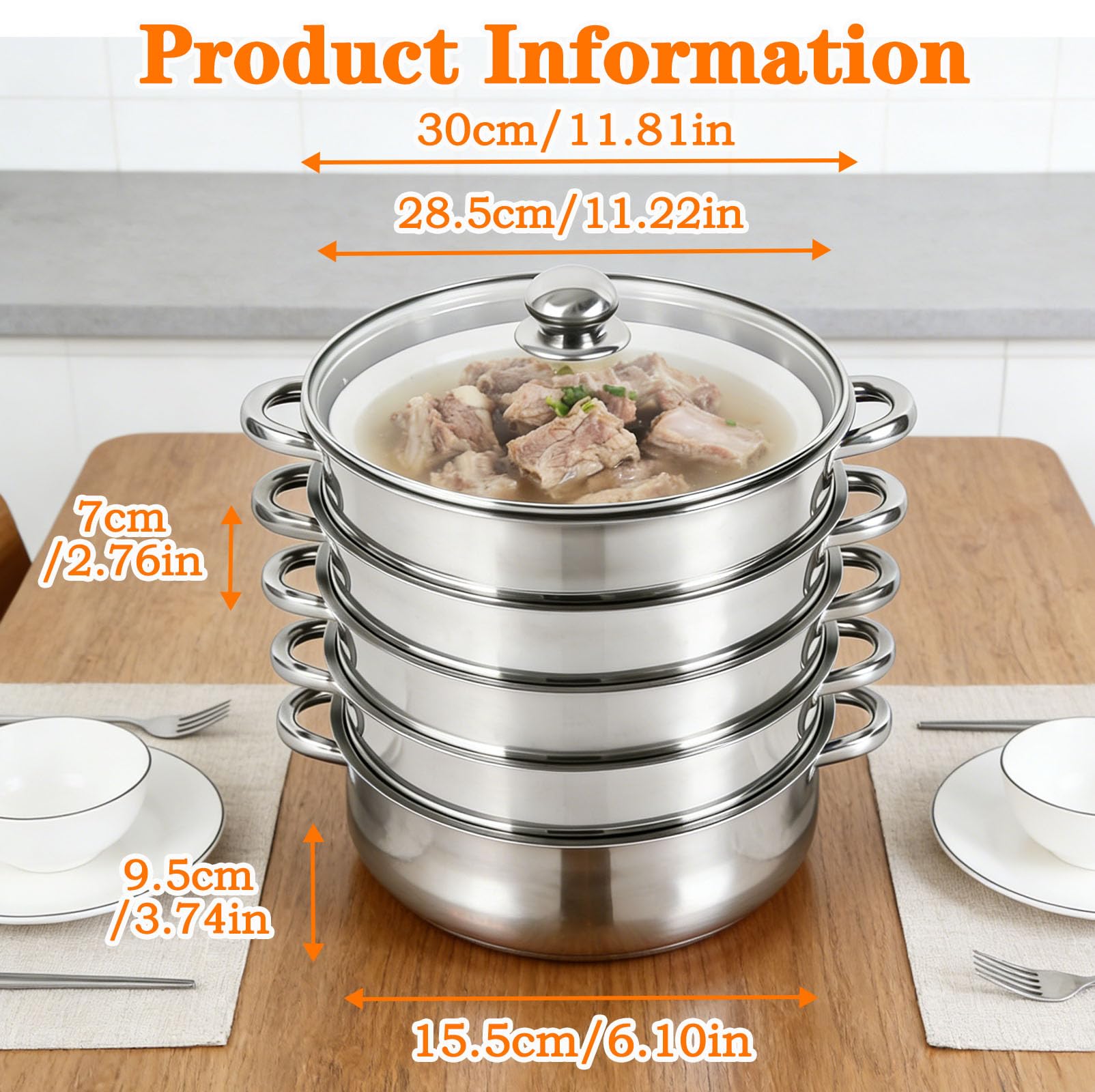 Vaporera Acero Inoxidable con Tapa Vristal, Olla Presión Verduras Grande Hogar 5 Capas Duradera, Ollas Vaporera Cocinar Vapor Cocinar Vapor Steamer Cooking para Cocinar Verduras Mariscos Sopas Guisos