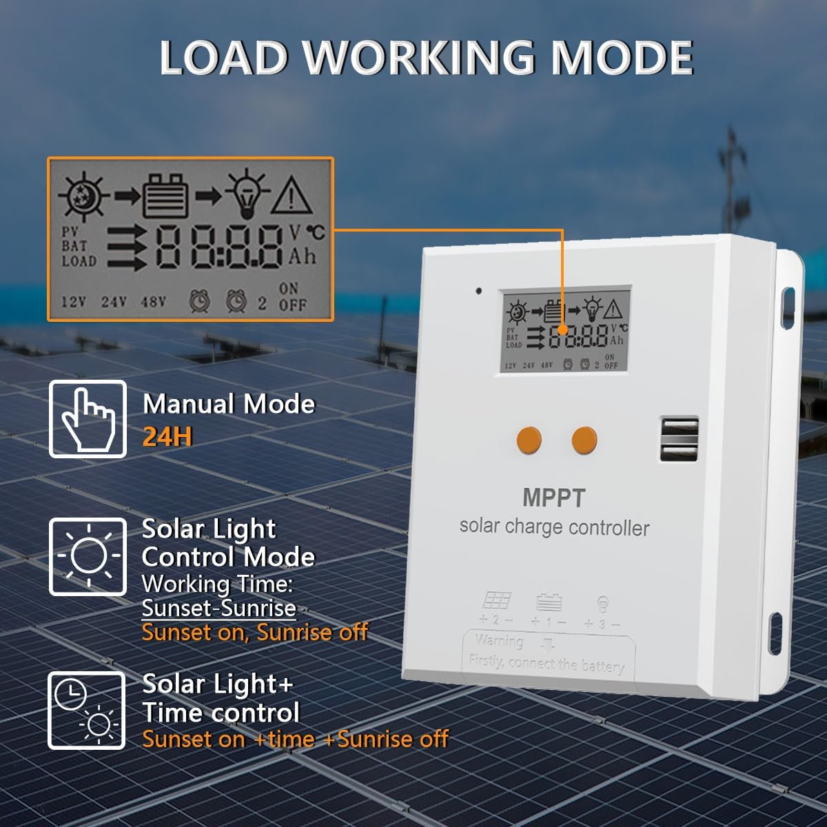 Diagram illustrating the different load working modes of the Y&H MPPT Solar Charge Controller.