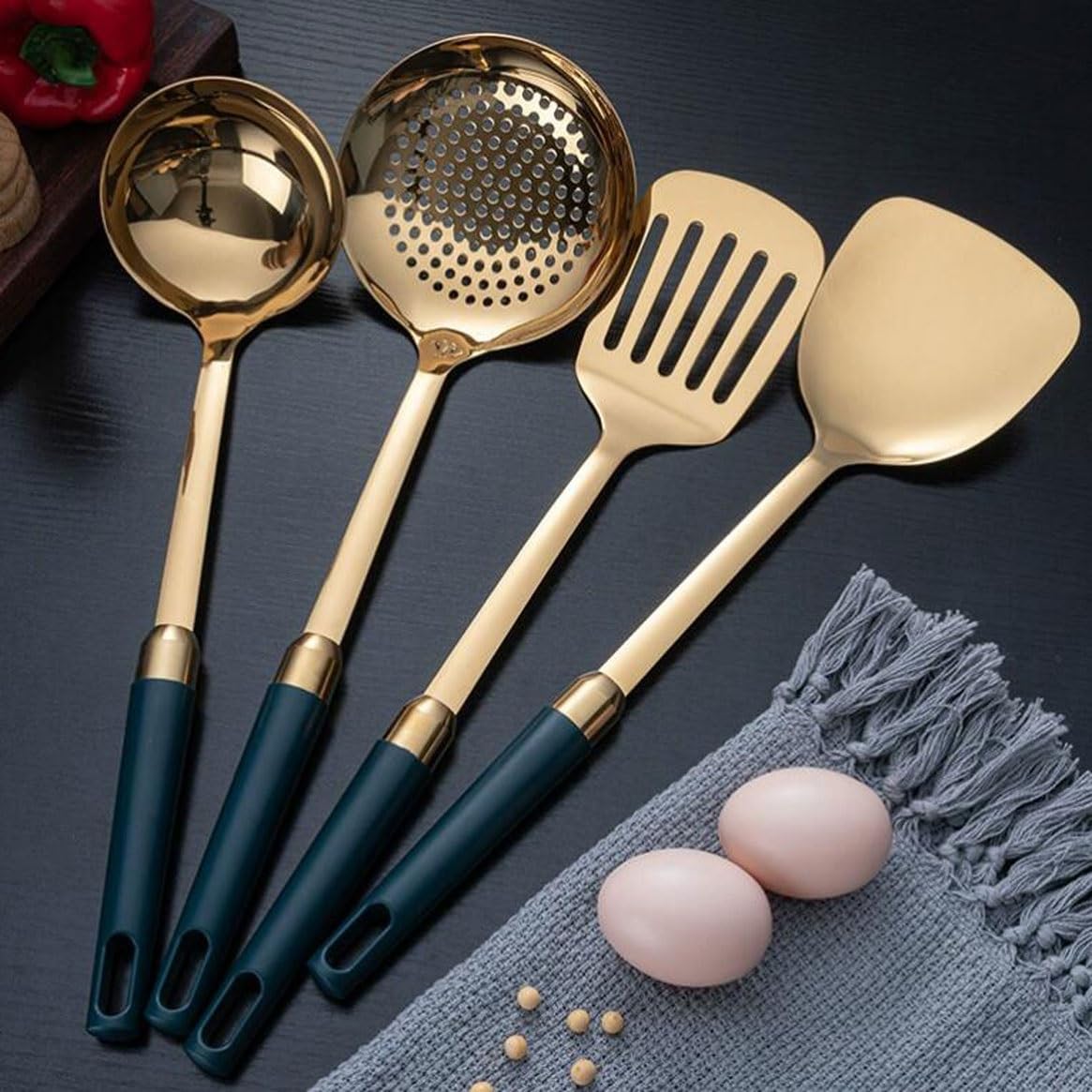 Pfannenwender aus Edelstahl 304, Löffel, 4-teiliges Set, Küchenutensilien, Ablasslöffel, Gadgets aus Holz