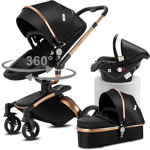 360° Rotation Cuir PU Poussette 3 en 1, Pousette Bebe Doraystar