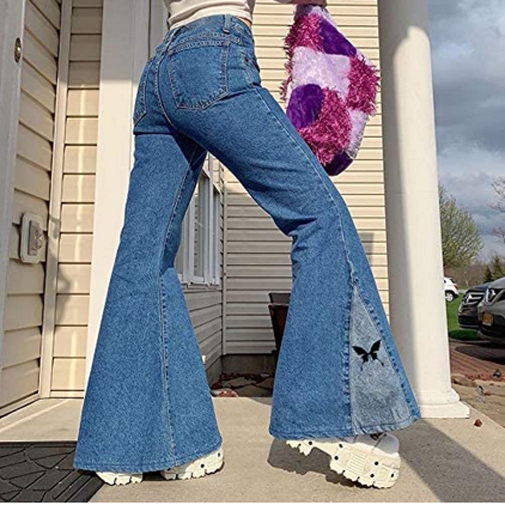 Las mujeres Vintage Jeans De Cintura Alta Denim Rectos Pantalones Niñas Y2K Patchwork Baggy Suelto Slim Elástica Larga Campana Jeans