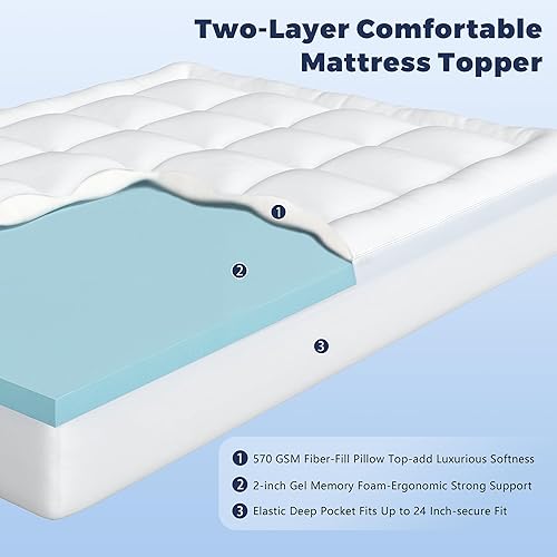 Miniatura 4 de Cubrecolchón King de espuma viscoelástica de 4 pulgadas con edredón refrescante, doble capa de espuma viscoelástica de gel de 2 pulgadas y colchón