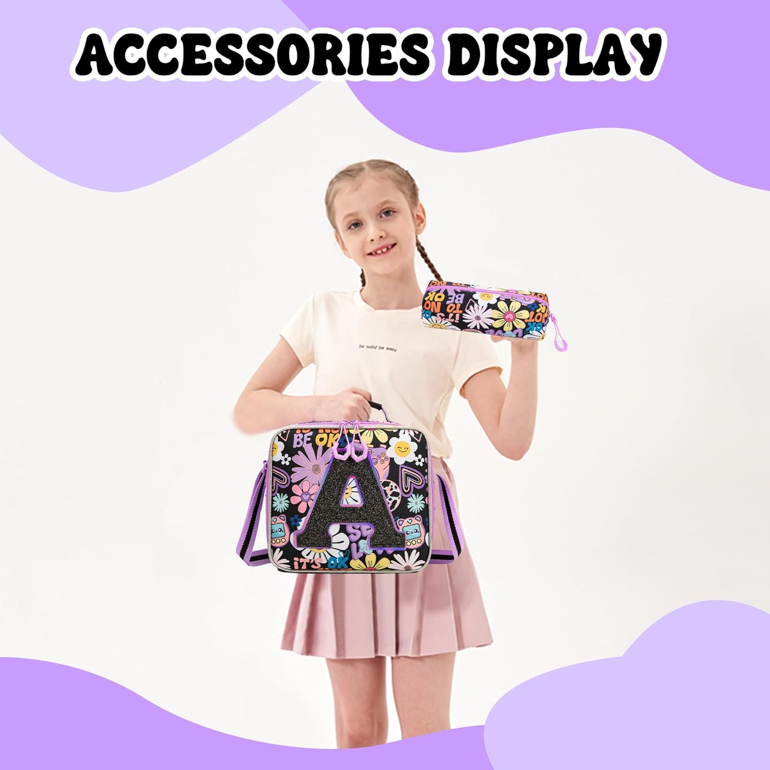 Meetbelify 3 in 1 Backpack with Wheels for Girls Rolling Letter Backpack Cute Carry on Backpack Kids Luggage with Lunch Box Pencil Case for Elementary Student