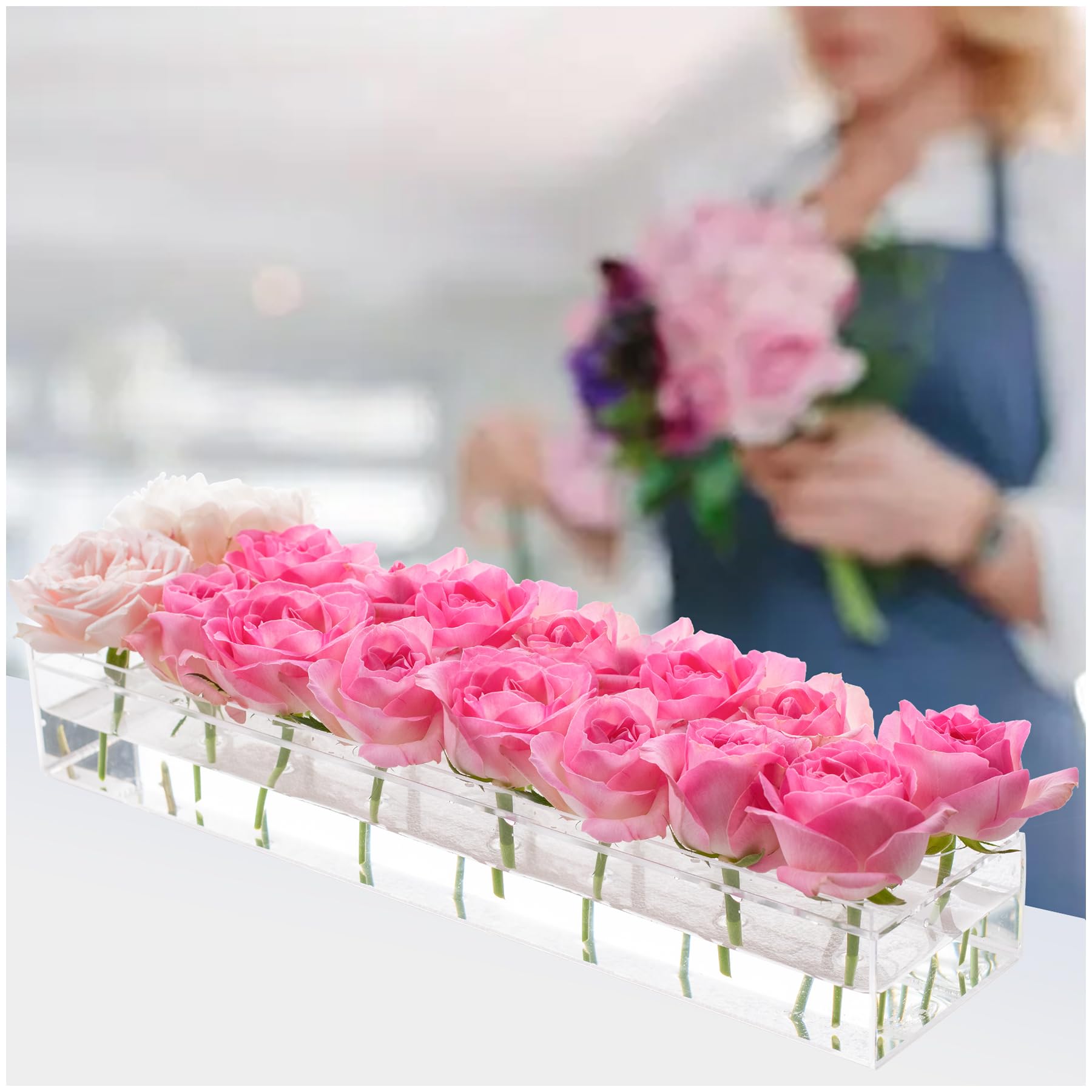 Acrylic Flower Vase with 16Holes Clear Acrylic Modern Vases Rectangular Floral Centerpiece for Dining Table Low Decoration Vase for Reception Party Decorations (Clear（1pcs 16 Holes 40cm）)