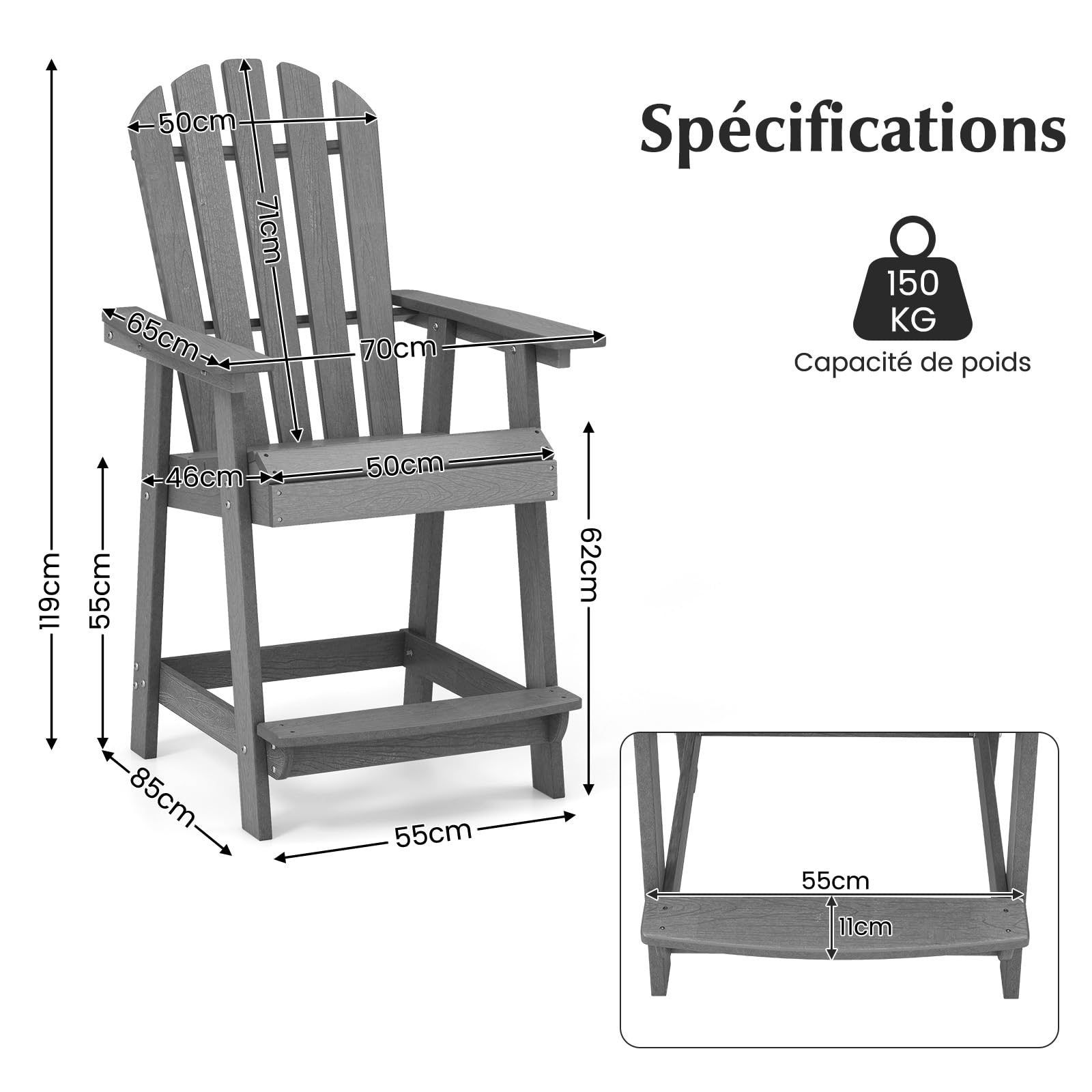 COSTWAY Chaise de Jardin Adirondack en HDPE, Chaise d'Extérieur avec Accoudoirs et Repose-Pieds, Fuateuil de Jardin à Dossier Haut, Chaise de Bar à Lattes, pour Pisine, Patio, Charge 160 KG (Gris)