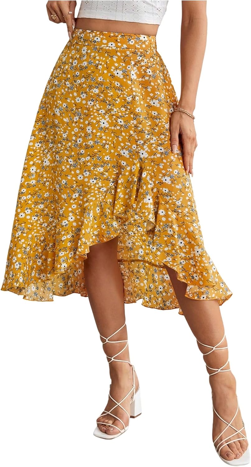 SweatyRocks Women's Ditsy Floral Print Midi Skirt 2025 Summer Boho Ruffle Hem Skirt - Image 3