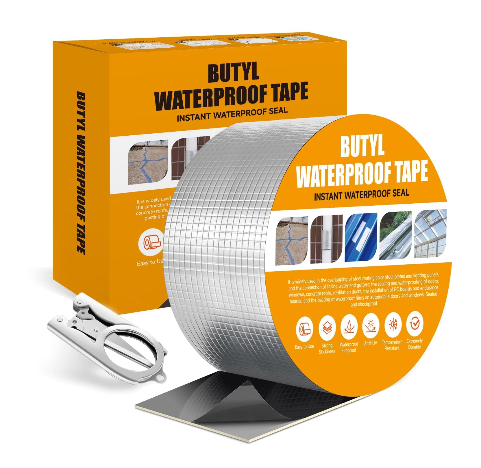 UCRAVO Waterproof Sealing Tape with Cutter for Roof, Pipe, Gutter & Crack Repair | Aluminium Foil Butyl Tape for Leakage Fixing – 10cm x 5m (Self-Adhesive, Weatherproof)