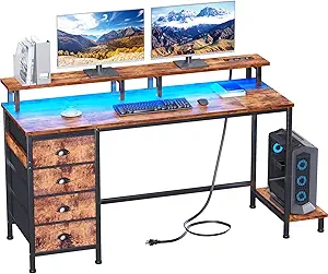 Furologee 55 Inch Computer Desk Gaming with 4 Fabric Drawers with Power Outlets and LED Lights for Home Office with Full Monitor Stand and Shelf Study Table for Small Spaces Rustic Brown