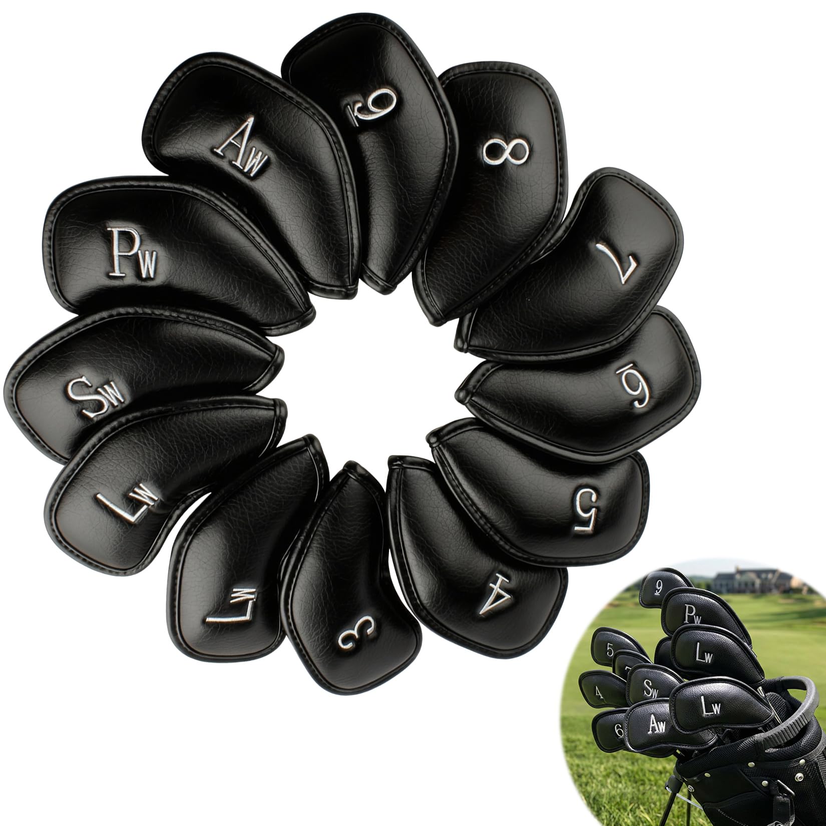 RAINFLOW 12 Pcs Golf Iron Covers Set - Synthetic Leather Head black