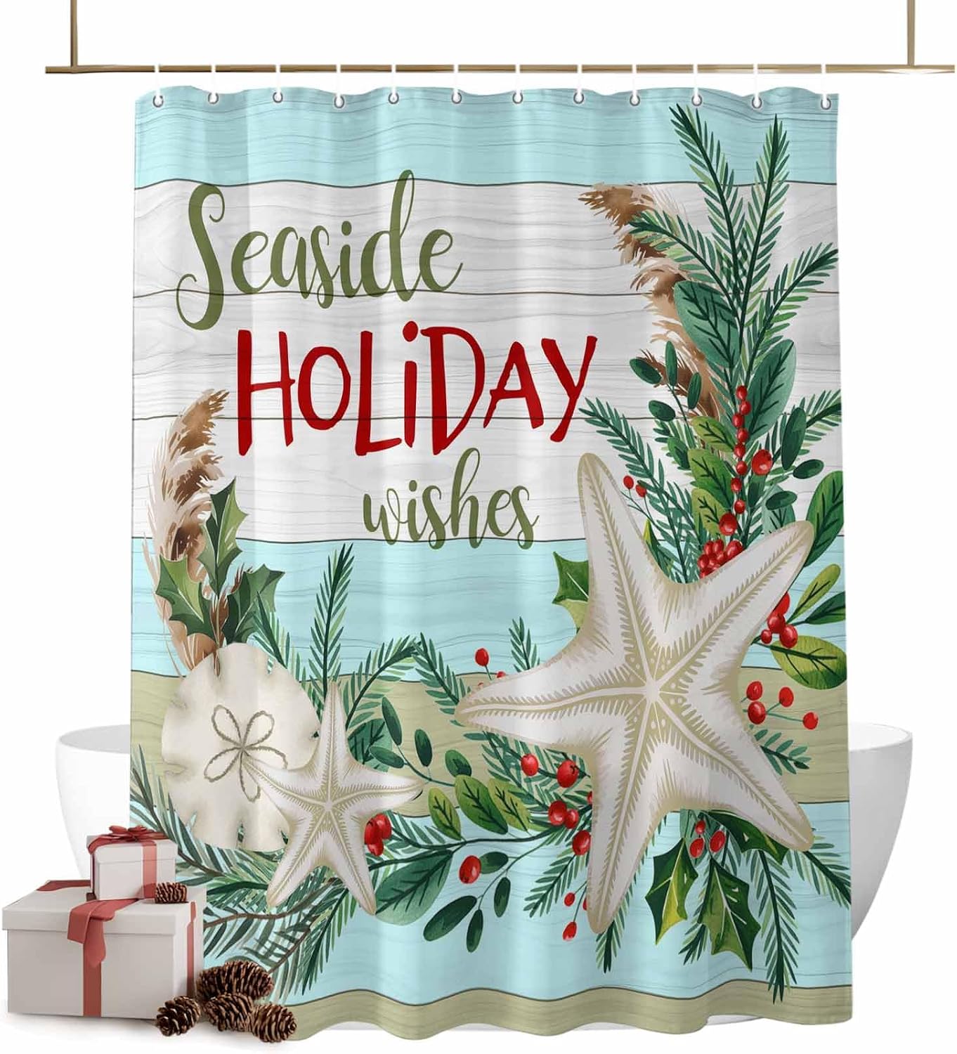 Coastal Christmas Shower Curtain, Waterproof Washable Boho Funny Cute Shower Curtains Set for Bathroom Bathtubs Curtains Decor Set, 72"Wx96"L with Hooks Seaside Holiday Wishes Xmas Beach Starfish