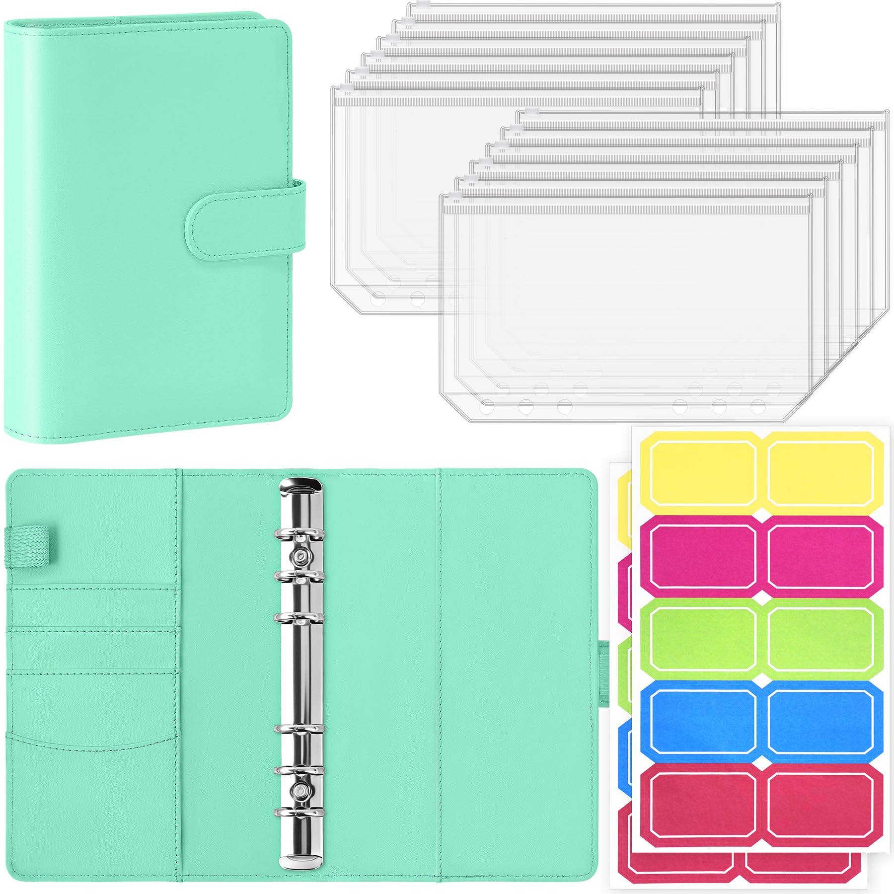 Antner A6 Budget Binder with Zipper Cash Envelopes for Money Organizer &amp; Budgeting, PU Budget Planner Money Saving Binder with Cash Stuffing Envelopes &amp; Labels for Home Office Travel, Light Green