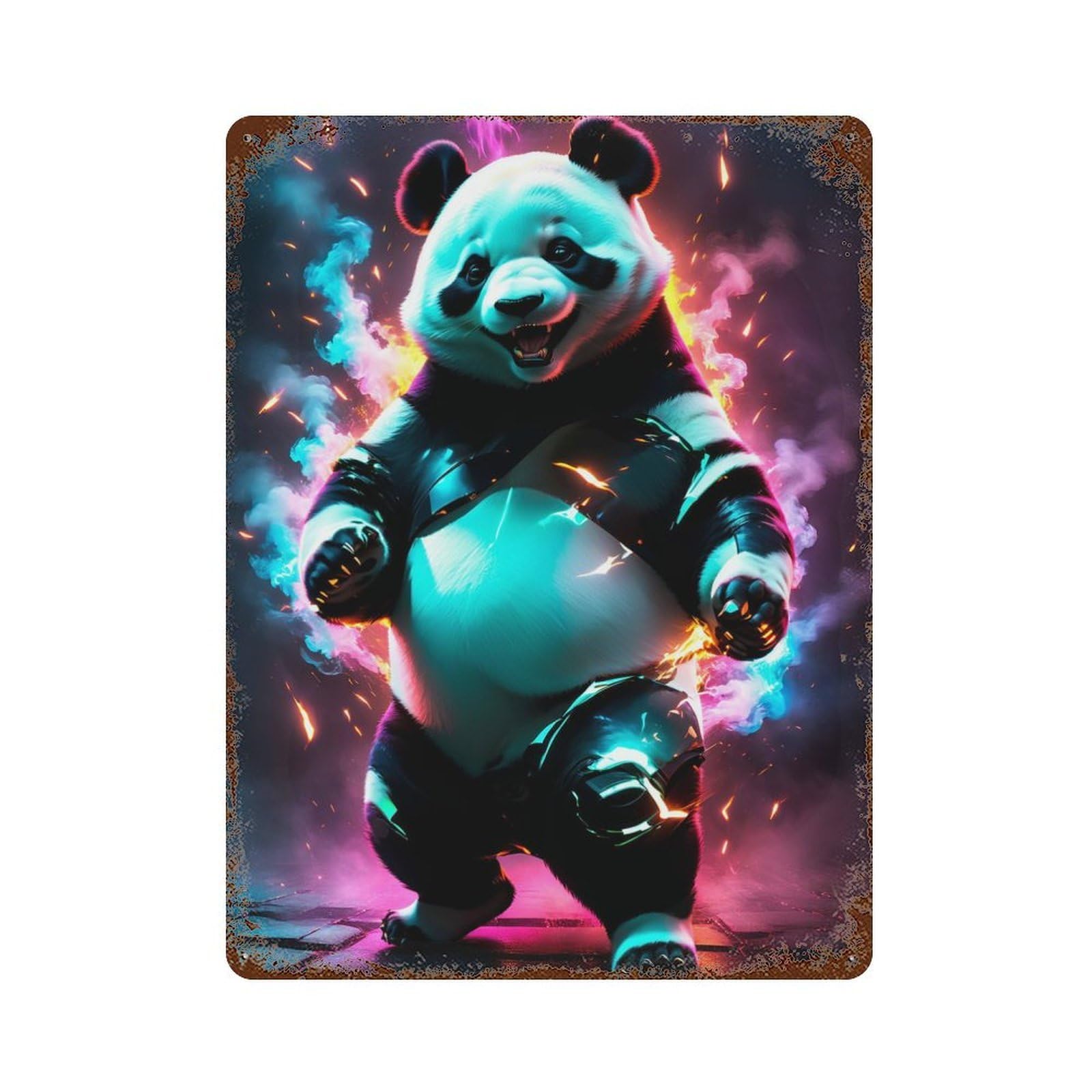 Cool Panda Neon Light Art 15.7"x11.8" Vintage Rust Metal Sign, Novelty Wall Decor for Living Room, Hallway And Home Decor