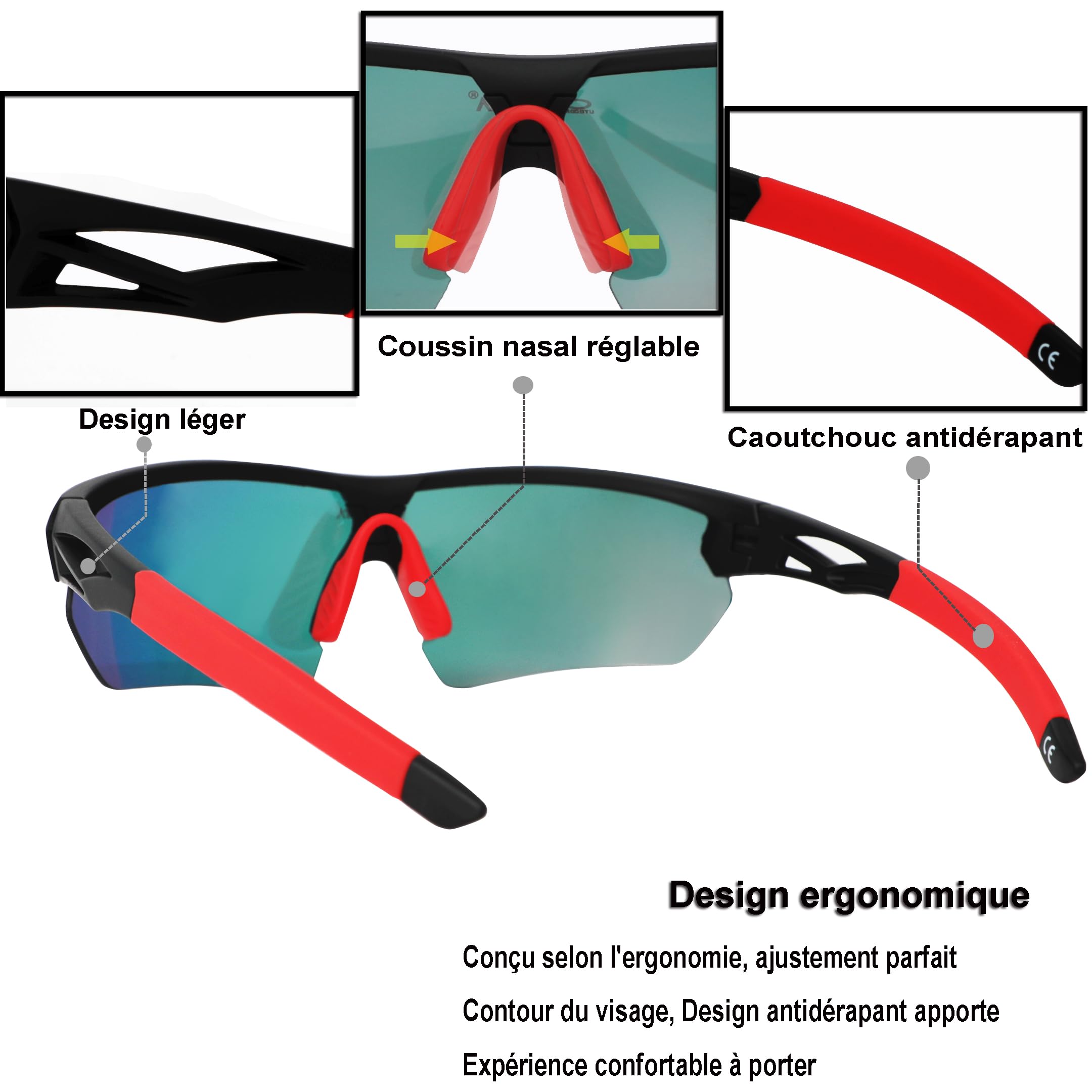 Lunettes de soleil de sport polarisées avec 5 verres interchangeables pour homme et femme