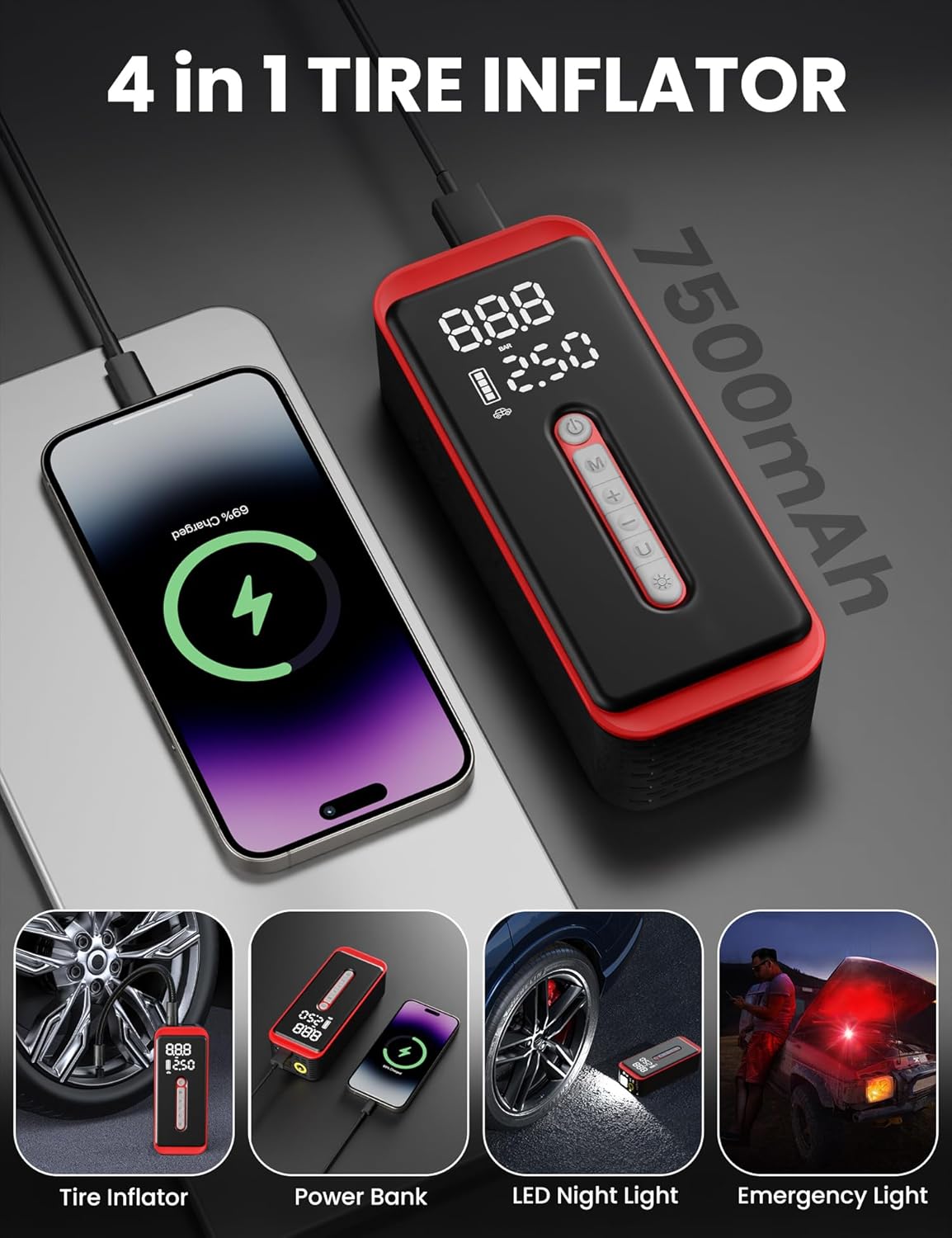 ROTOPATA inflator demonstrating its 4-in-1 functions: tire inflator, power bank, LED night light, and emergency light