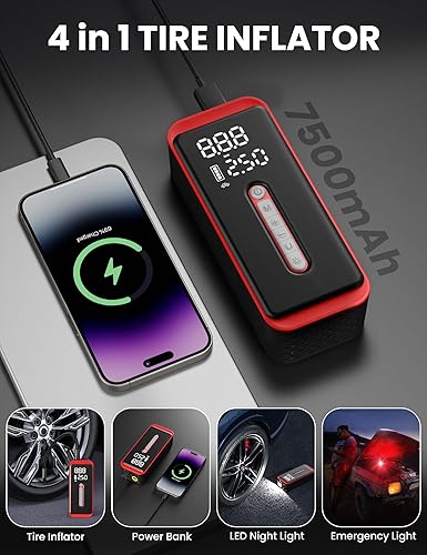 Miniatura 7 de ROTOPATA Inflador eléctrico de neumáticos, compresor de aire portátil de 12 V CC, bomba de aire inalámbrica de 150 PSI con luz LED y medidor de