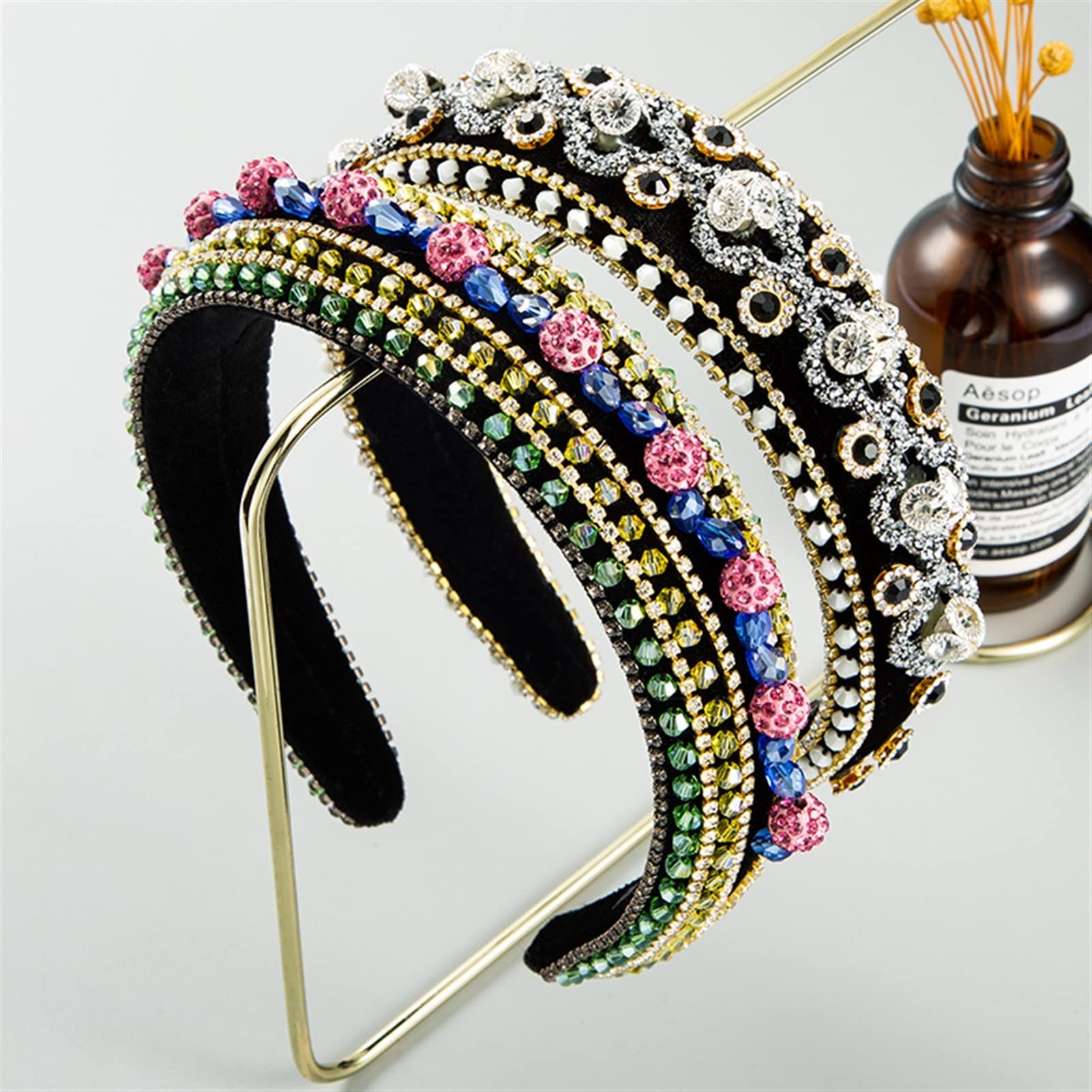 Moda Opaski Crystal Headband Moda Wyściełane Dżetów Zespół Włosów Pogrubienie Szeroko Hairband Hoop Kobiety Dziewczyny Akcesoria do włosów Beaded Headband (Color : Black)