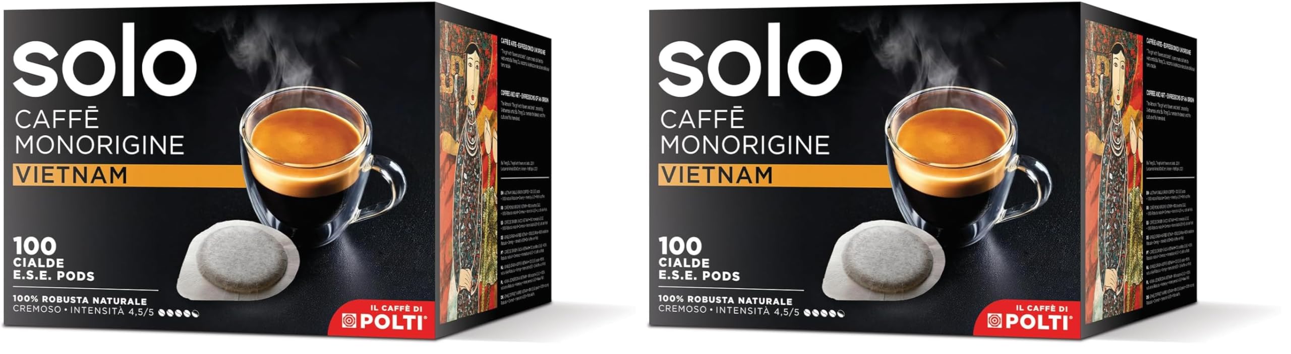 SOLO - Caffè Monorigine Vietnam, Cápsulas E.S.E. 44 mm, 100 cápsulas Monodosis, 100% Robusta Natural, Compostable (Paquete de 2)