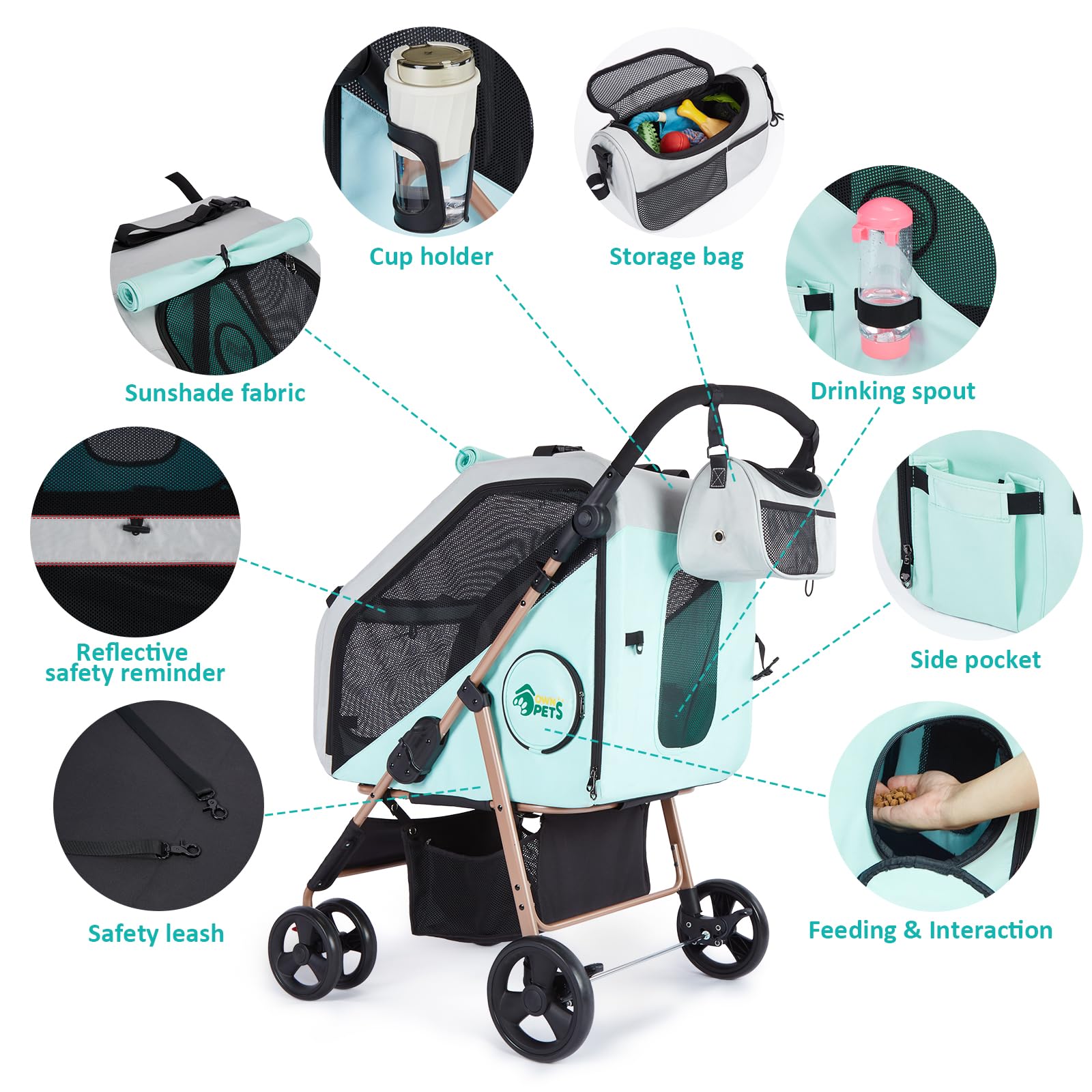 Ownpets Hundebuggy für mittelgroße Hunde Blau, 3-in-1 Hundewagen für mittelgroße Hunde bis 30kg, Sekundenfaltung & 360° Drehräder, verstellbarer Griff, Stoßdämpfung & abnehmbare Autotransportbox