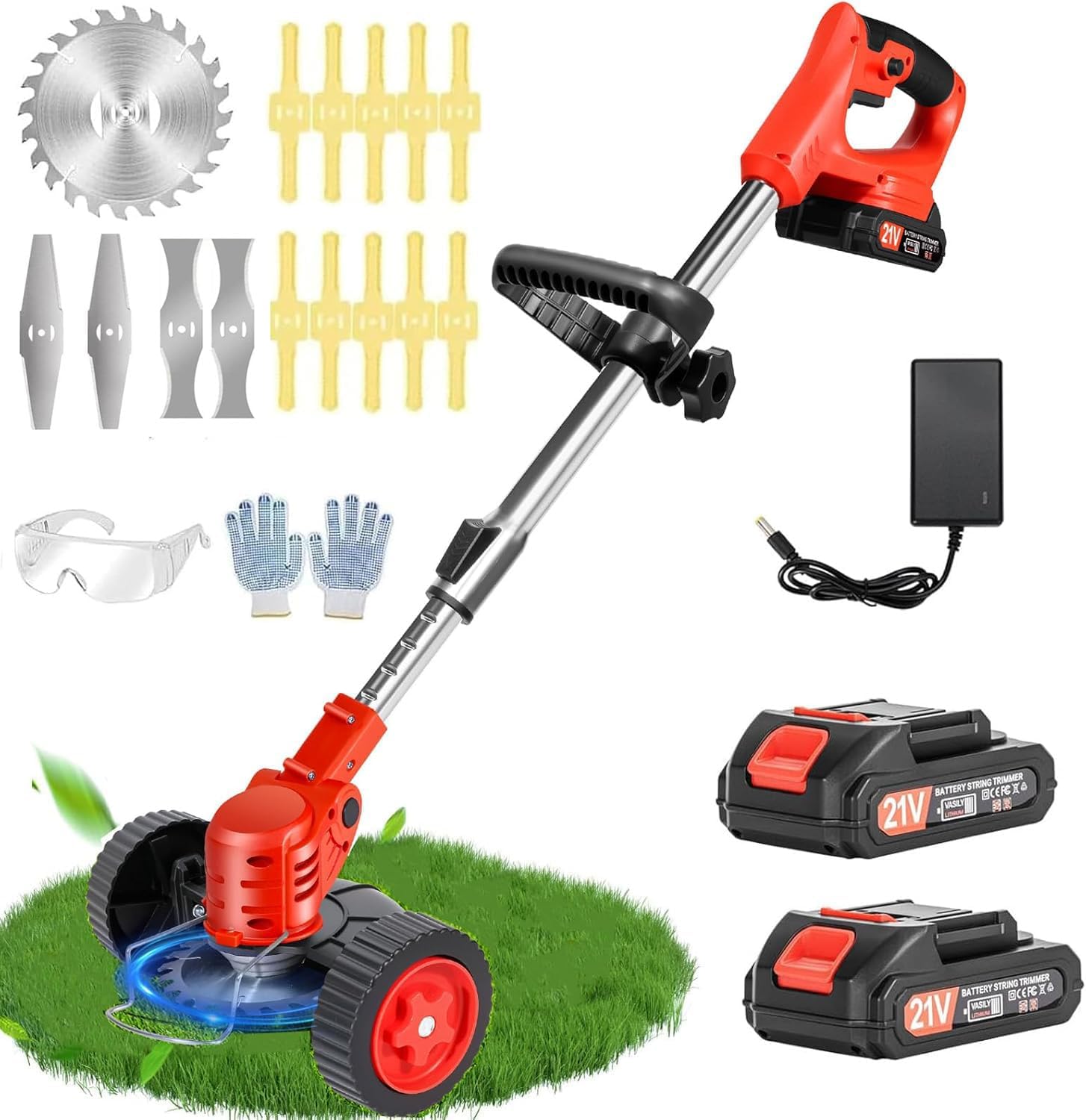 Cordless Weed Wacker 21V Stringless Weed Wacker Battery Powered Lightweight 3-in-1 Grass Trimmer/Brush Cutter/Edger with 2pcs Batteries&Wheel, 3Types Blades, for Lawn, Garden & Yard