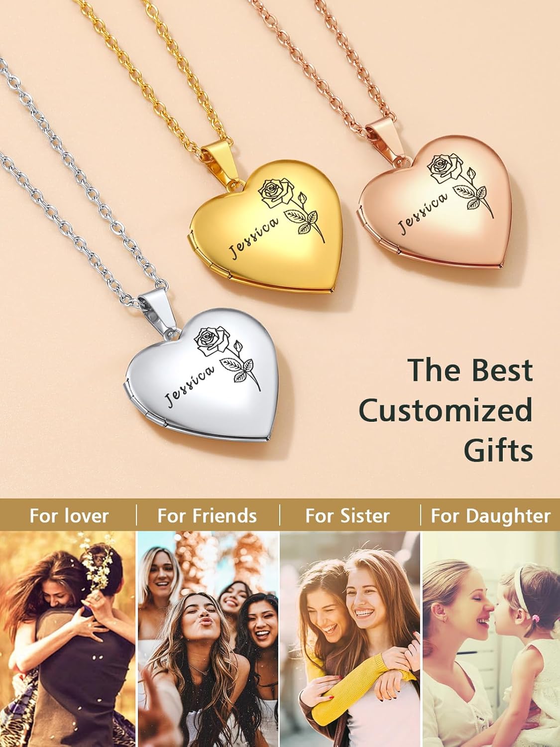 FindChic Custom Birth Flower Necklaces for Women Mom Personalized 2/3/4/5 Bouquet Flowers Heart Locket Name Engraved/Coin Pendant Family Birthday Jewelry Gift, with Gift Box - Image 8