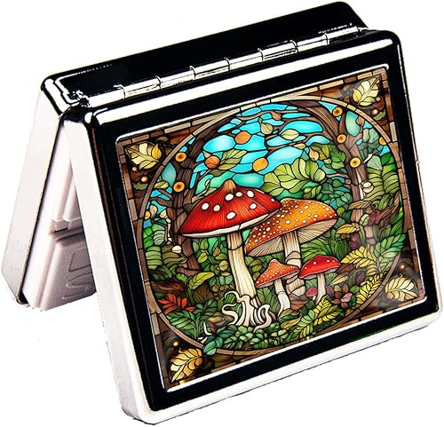 Miniatura 3 de Pastillero vintage plateado de 7 días de metal con espejo y 8 compartimentos, lindo organizador de pastillas de viaje para bolso (jardín de setas)