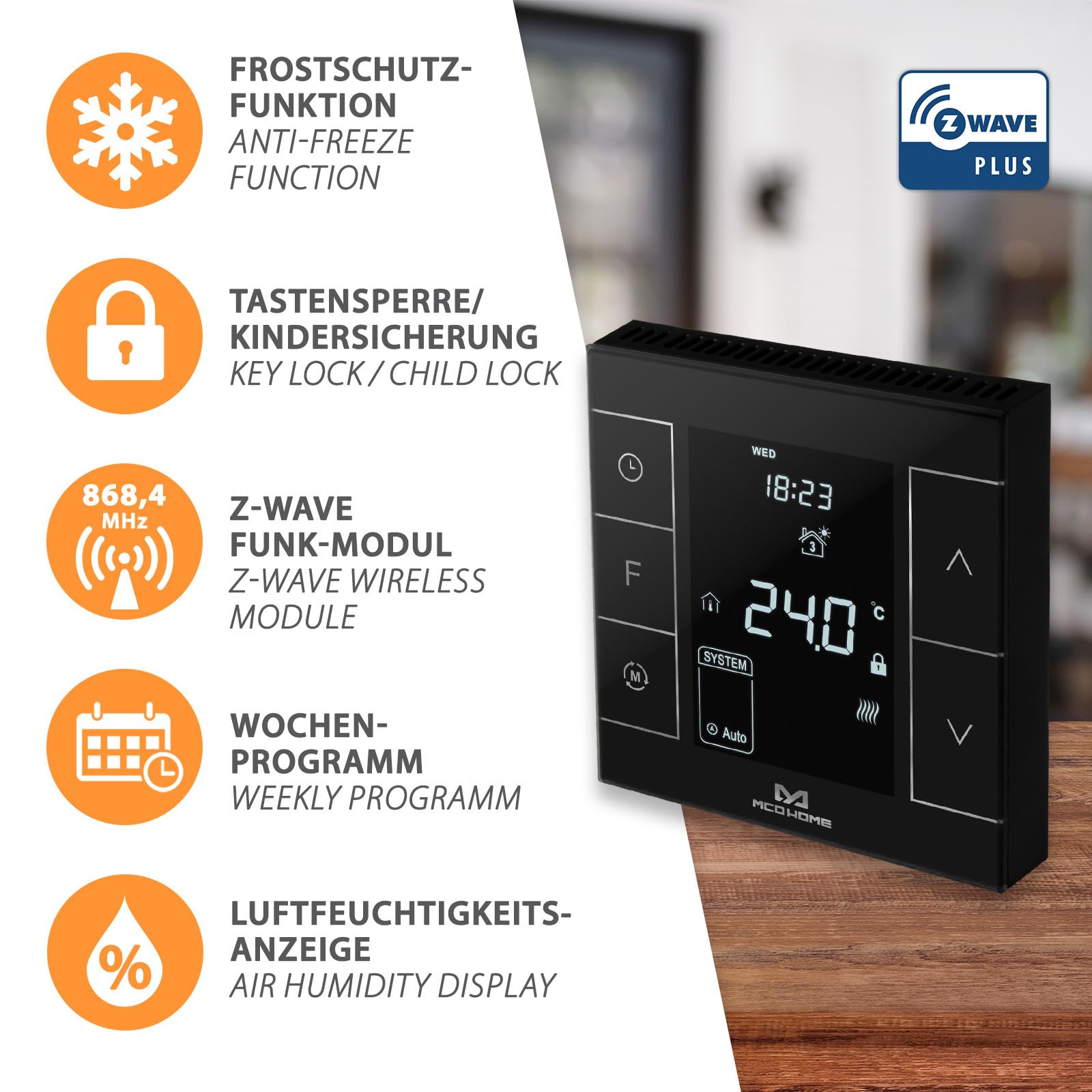 MCO Home Z-Wave MH7H-EH - Termostato para calefacción por suelo radiante y calefacción por infrarrojos, compatible con Z-Wave, color negro