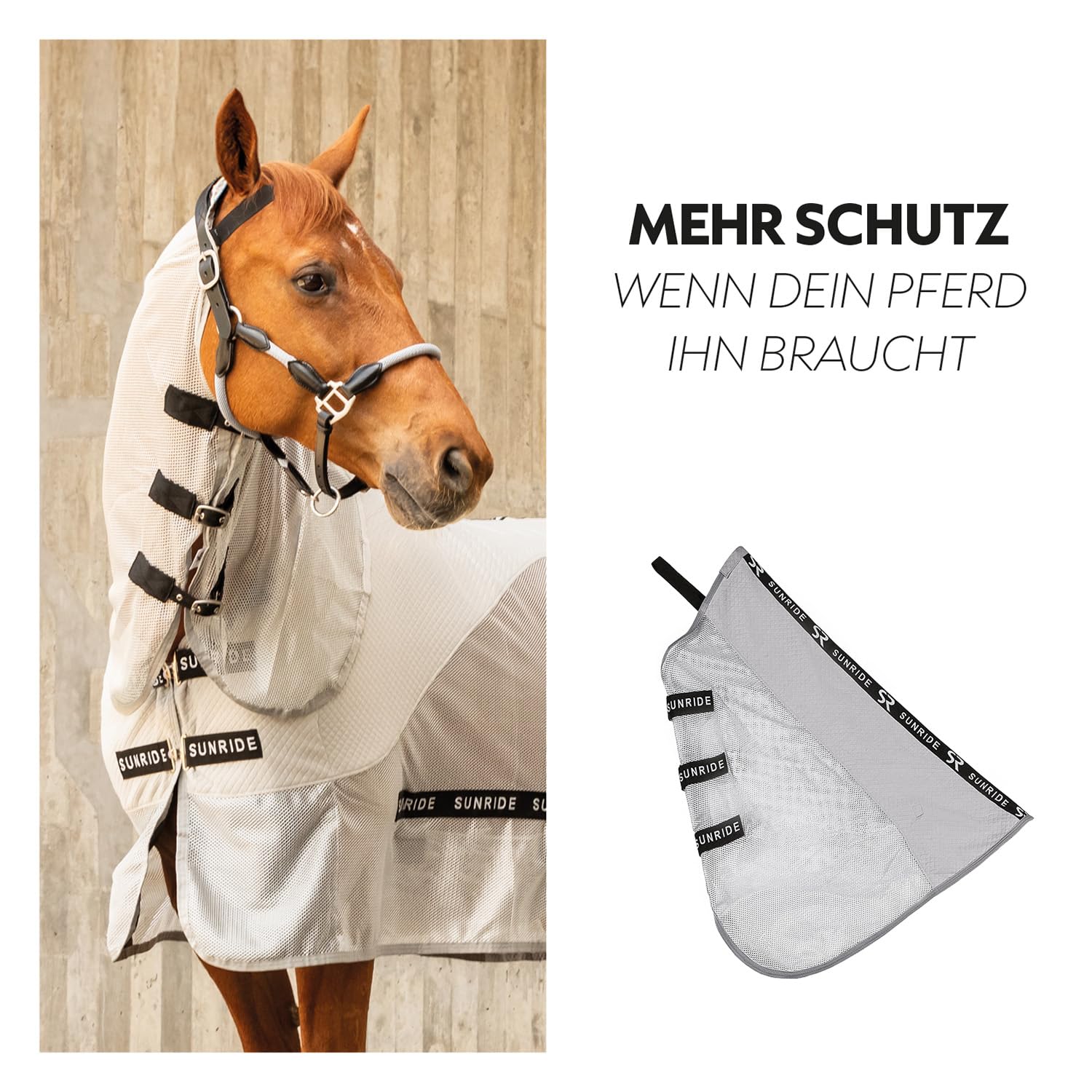 SUNRIDE Transportdecke/Fliegendecke für Pferde (Dubai) - mit UV-Schutz - atmungsaktiv - Abnehmbarer Bauchlatz - maschinenwaschbar - mit abnehmbarem Halsteil - grau (145 cm)