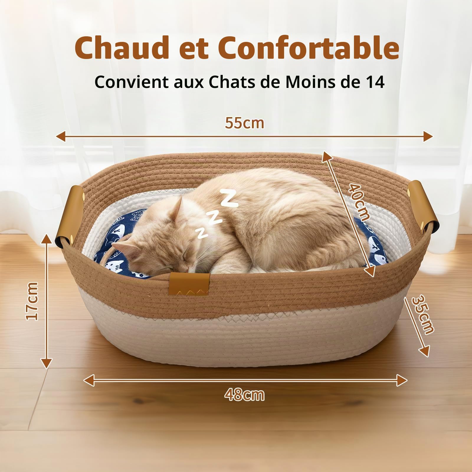 Mittimiya Lit pour Chat Tissé en Cordes de Coton avec Coussin, 55 X 40 X 17 cm Anti-Abrasif Lavable Panier pour Chat pour Dormir - Convient pour Toutes Les Saisons