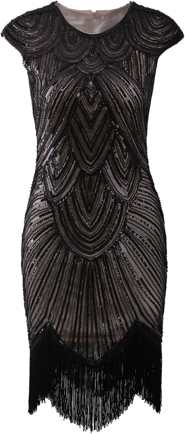 Vijiv Art Deco Great Gatsby Inspired Tassel Beaded 1920s Flapper Dress