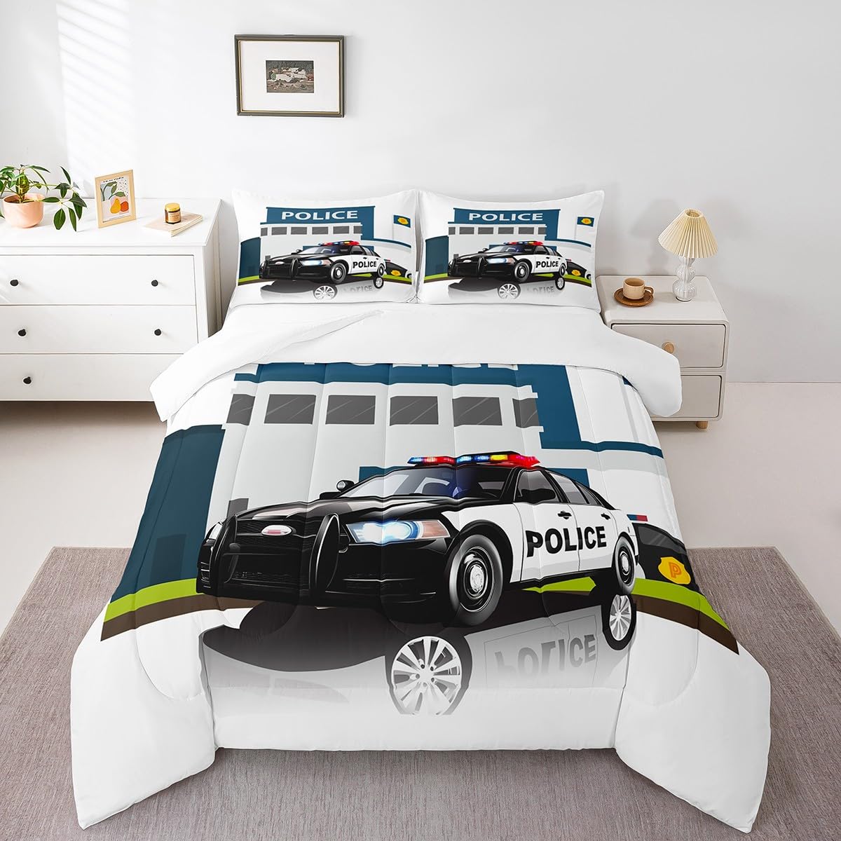 Children Police Car Comforter Set, 3D Car Pattern Down Comforter Twin Size for Kids Boys Girls Teens Bedroom, Cartoon Automobile Quilted Duvet,