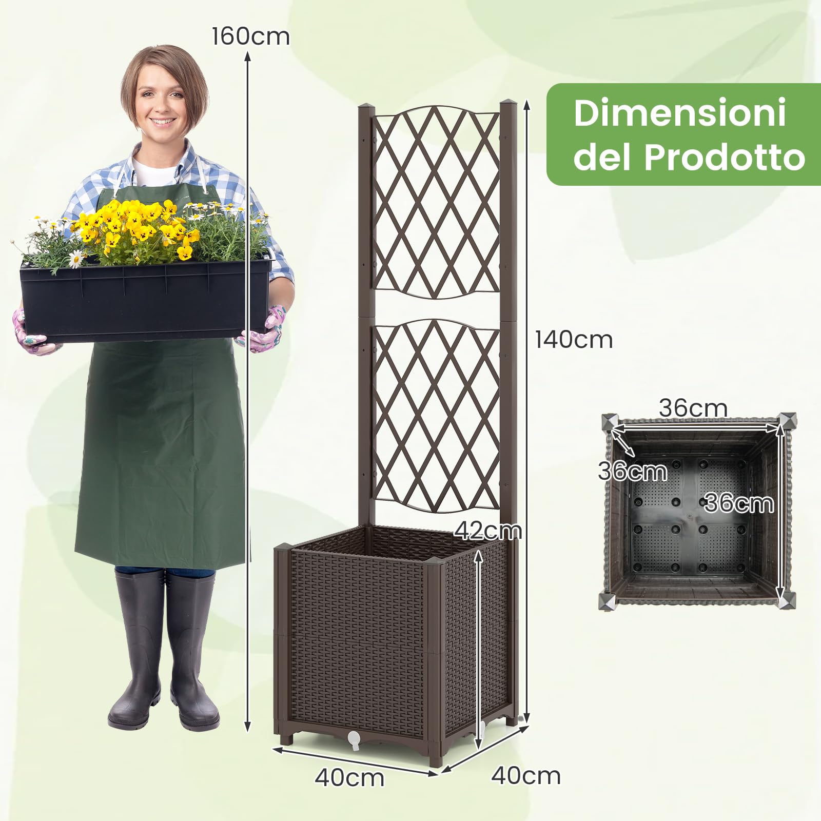 RELAX4LIFE 2 in 1 Fioriera da Esterno con Graticcio, Sistema Auto-irrigante e Drenaggio, Fioriera da Giardino per Piante Rampicanti, Balcone (Marrone, 40 x 40 x 140 cm)